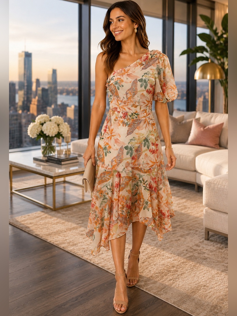 NWT SWEET LEMON boutique brand one shoulder handkerchief bottom midi DRESS MED
